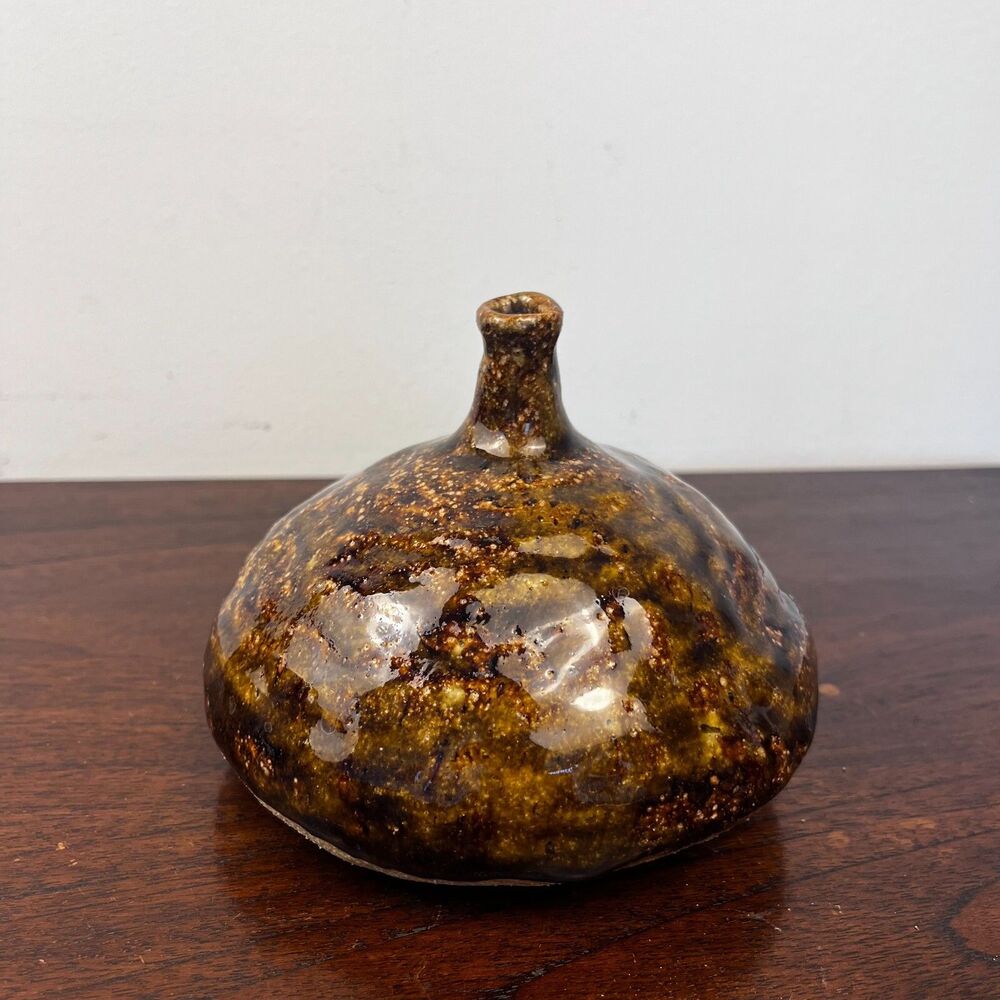 Rustic Studio Art Pottery Bud Vase Drip Glaze Brown Ceramic Signed Organic Home